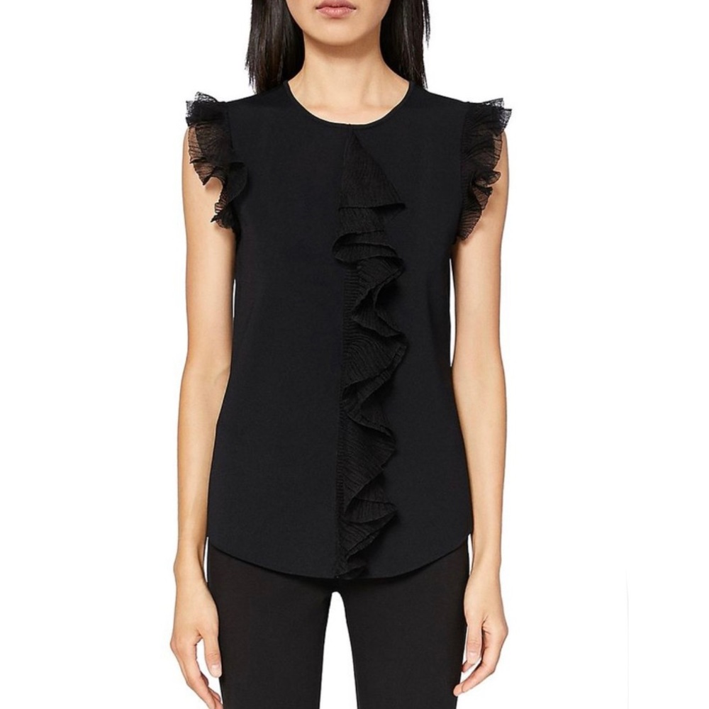 Ted Baker London Ysabel Frill Lace Ruffle Sleeveless Knit Blouse Top Black